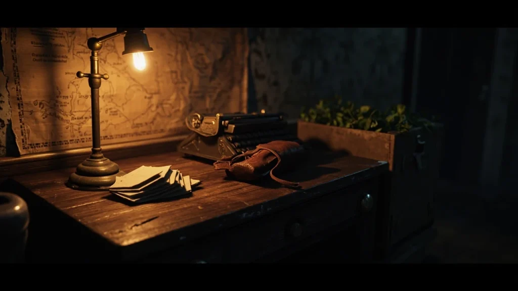 Resident Evil walkthrough hero image showing a dim save room with map and inventory