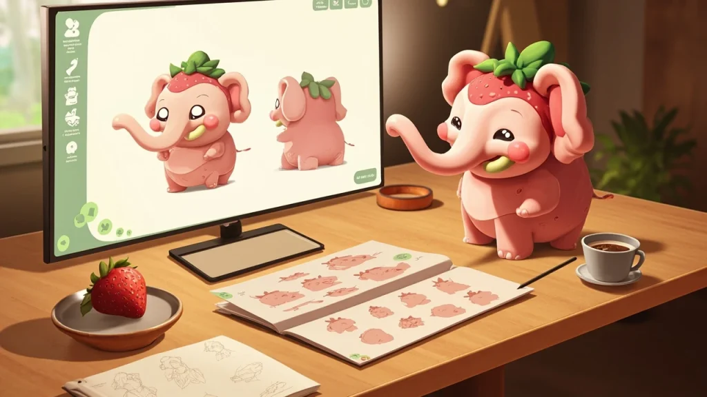 Strawberry elephant mascot concept for a mobile game character sheet