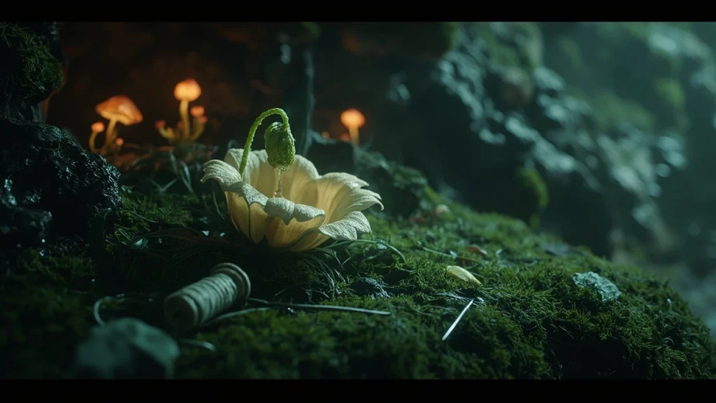 Twisted Bud Silksong item concept art in a mossy cavern