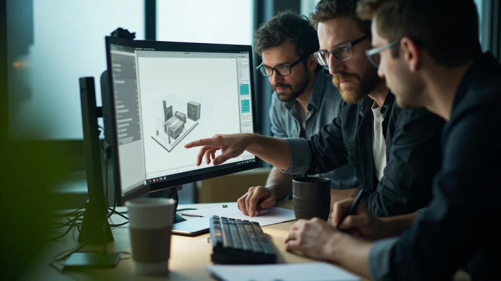 Game development team reviewing a j kozma ventures container workflow around a monitor