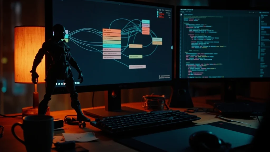 Animation programmer reviewing als codes on a workstation showing a character locomotion state machine