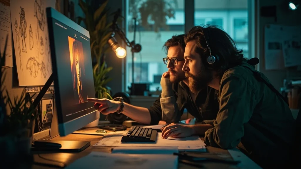Two indie developers reviewing a vertical slice build on a single monitor in a small studio