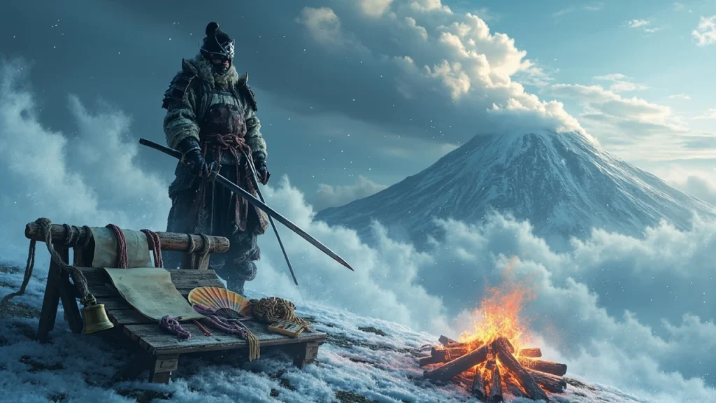 A masked ronin standing on a snow-dusted ridge in Hokkaido, with a carved wooden trophy stand beside a small fire, evoking ghost of yotei trophies