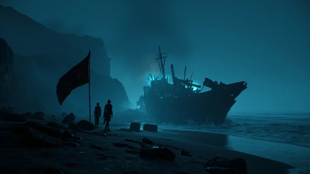 Dark shores expedition 33 beach and glowing shipwreck at night