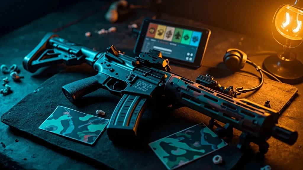 Editorial close-up of a weapon adorned with bo7 mastery camos